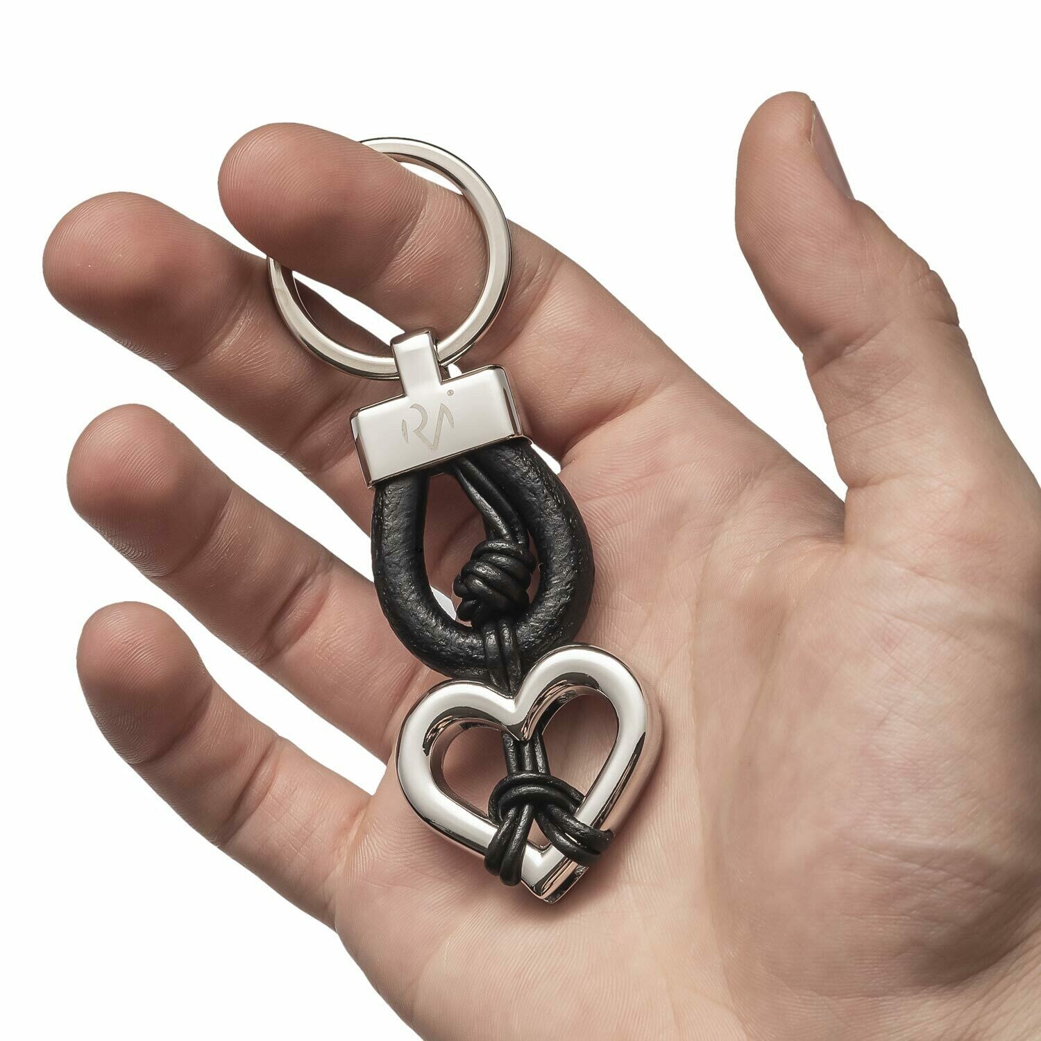 Genuine Black Leather Keyring with Heart for Women