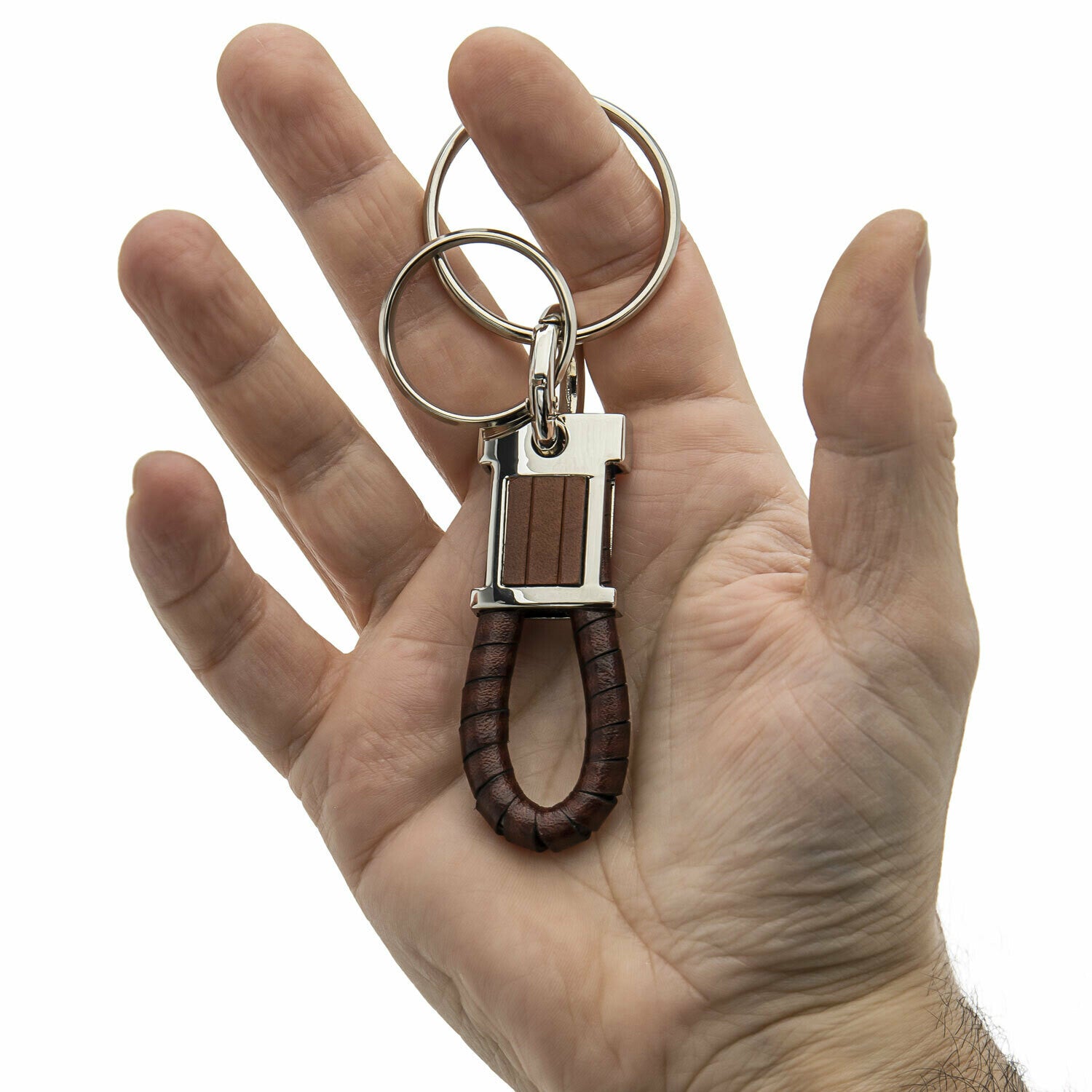 Genuine Brown Leather Keychain Wrapped with Carabiner for Men