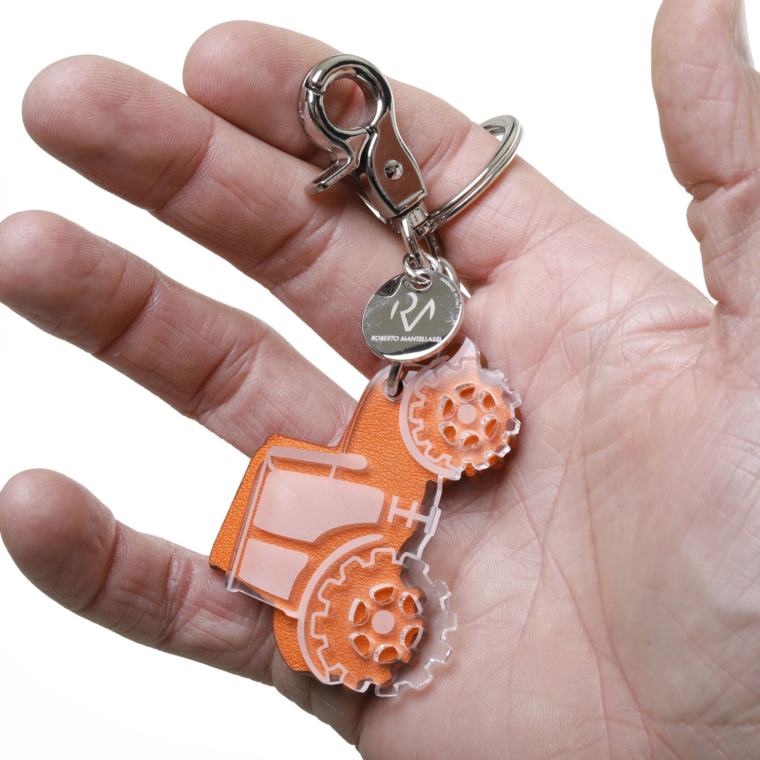 Genuine Leather and Plexiglass Keychain Tractor Man